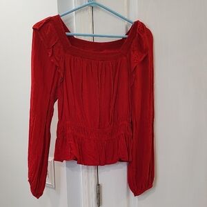 Universal Thread Red Puff Sleeve Blouse with Ruffled Smocked Design